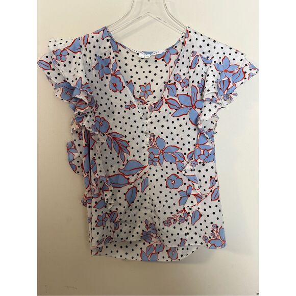 Veronica Beard V-Neck Flutter Sleeve Ruffle Floral Print Blouse Size 0 - Picture 1 of 3